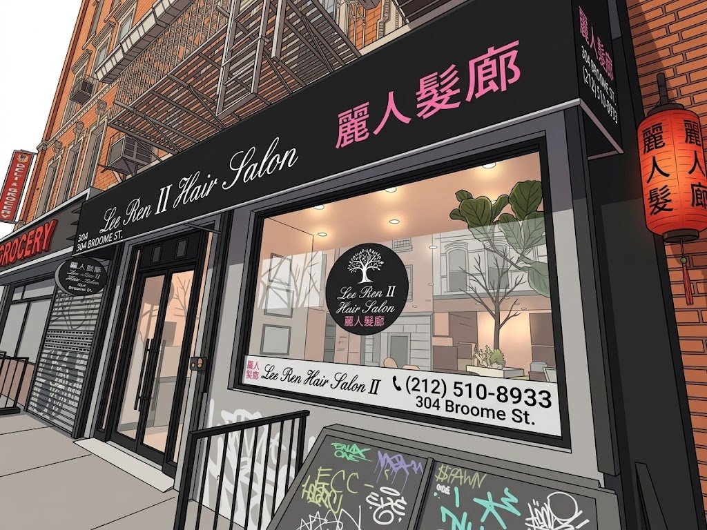 Illustration of the Lee Ren II Hair Salon storefront on Broome St, Lower East Side